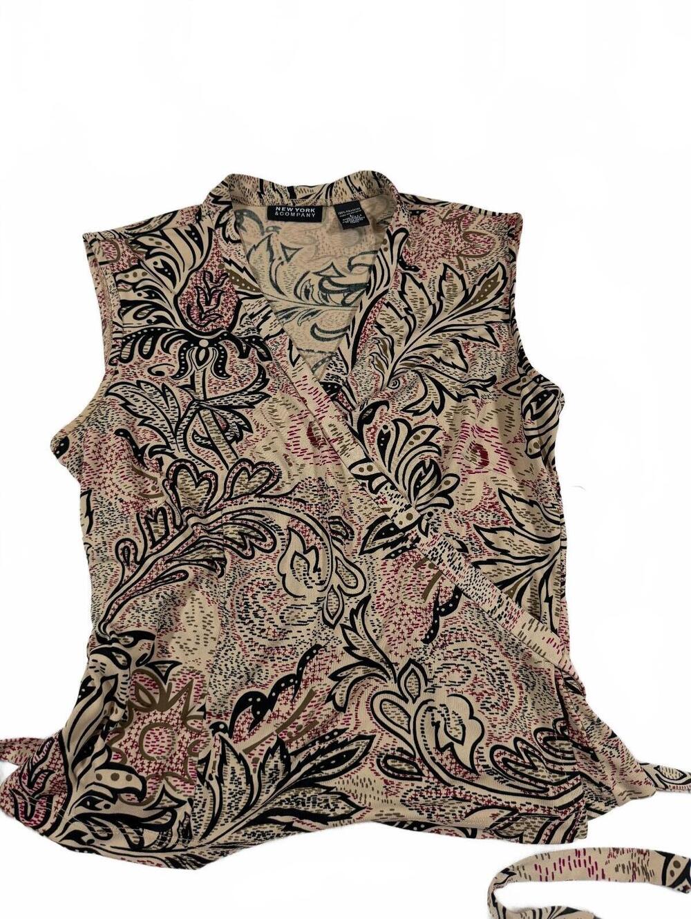 New York and Company Wrap Style Brown Tan Floral Sleeveless Blouse Size L
